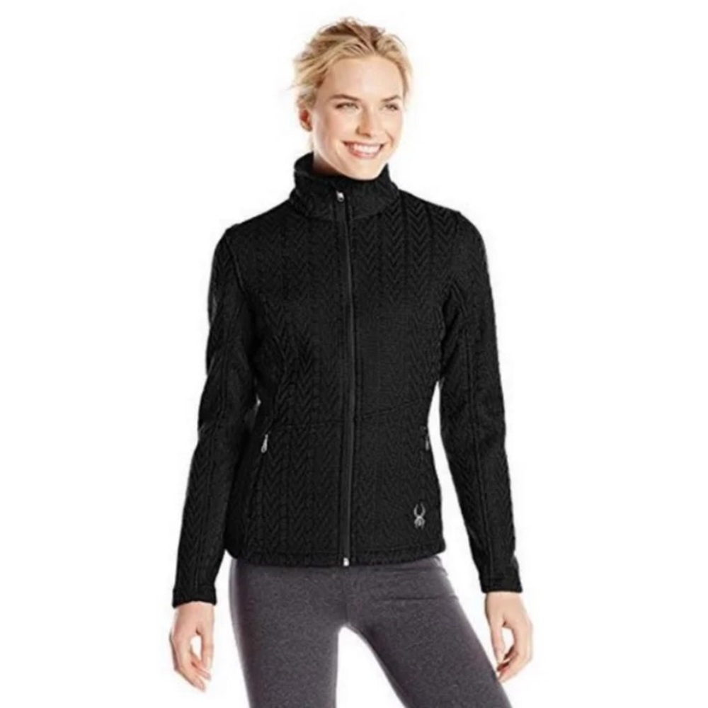 Spyder Major Cable Stryke zip up Large Fleece lined Black Sweater w/ pockets EUC
